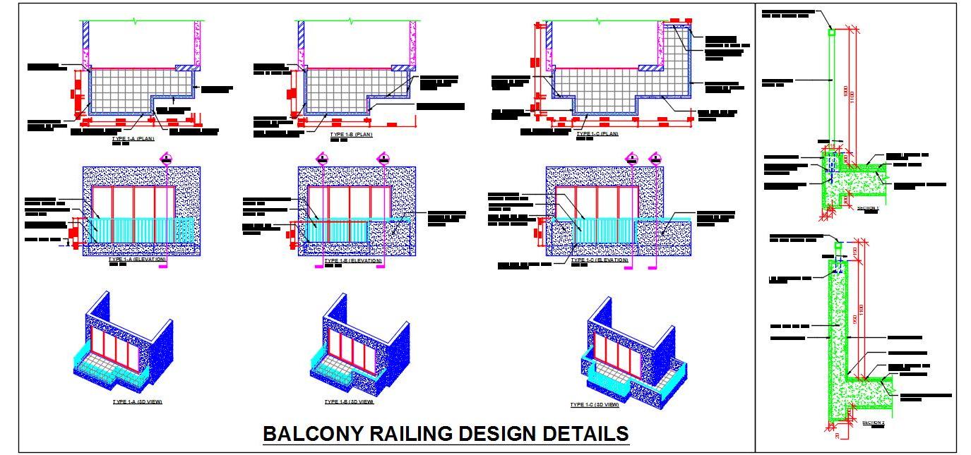 Balcony Railing Design DWG- MS Pipe & RCC Wall Options